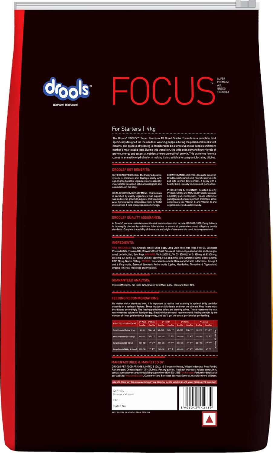 Drools Focus Starter Super Premium Dry Dog Food, 4 KG Pack, Chicken Flavour