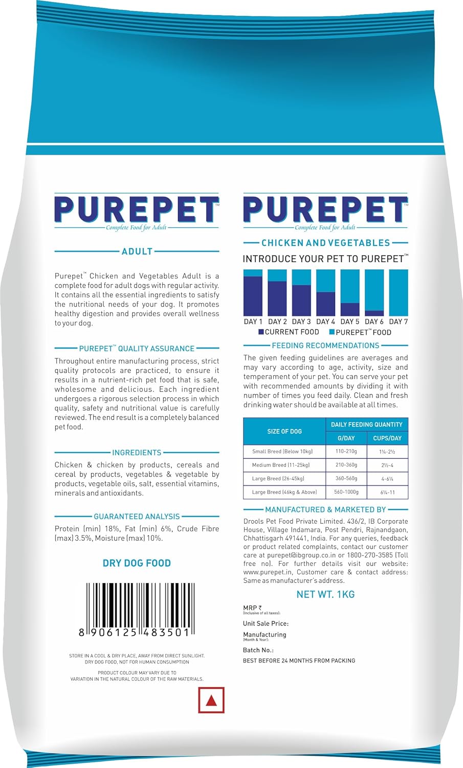 Purepet Adult Dry Dog Food, 1 KG Pack, Chicken & Vegetable Flavour