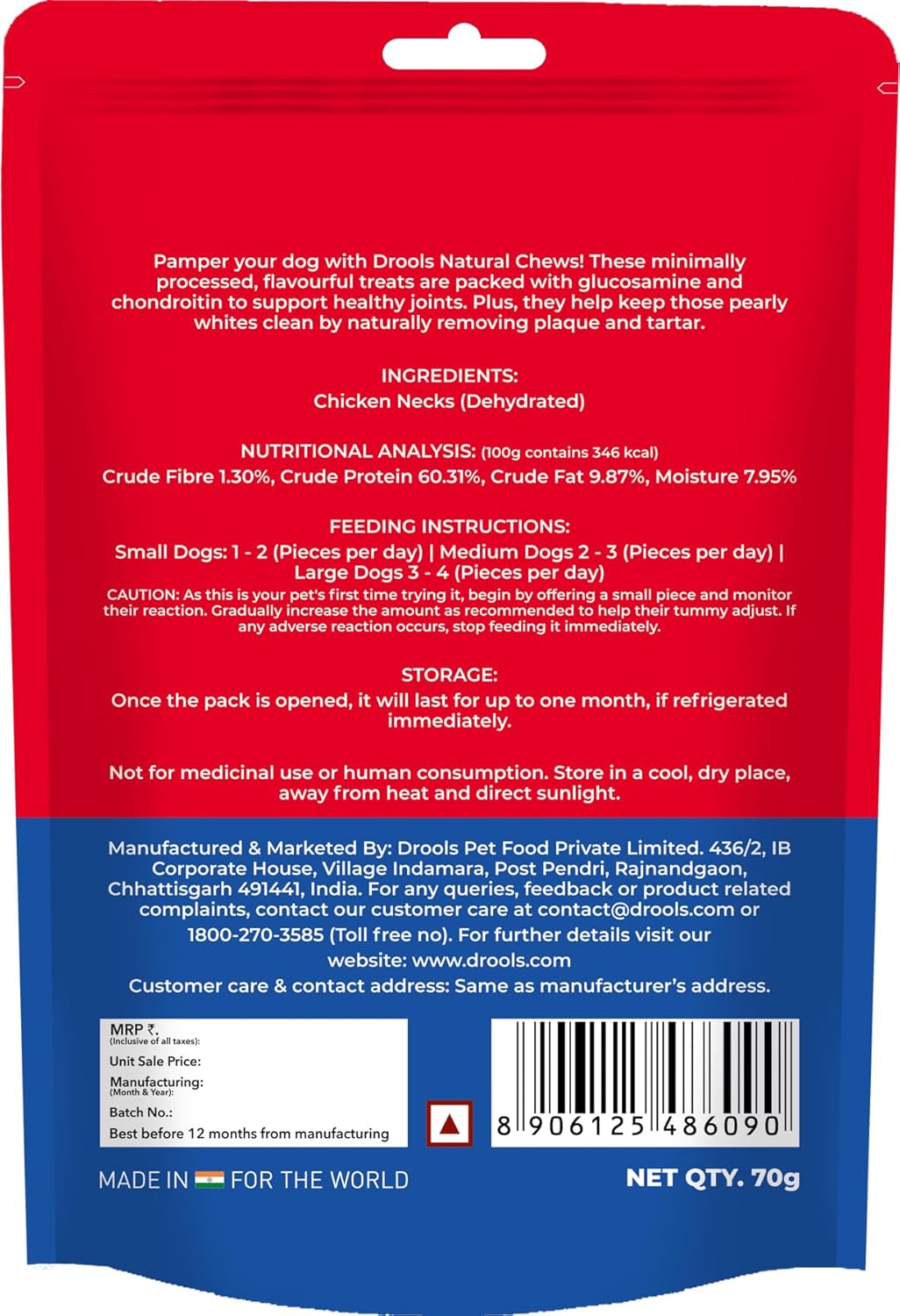 Drools Puppy & Adult Dog Treat Real Chicken Flavour, Dehydrated Chews Neck, 70Gms Pack