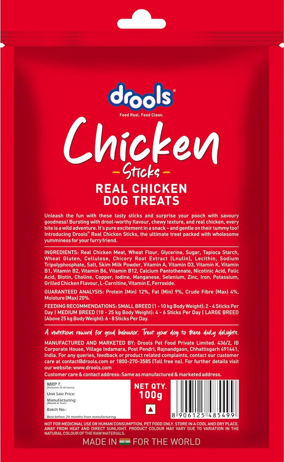 Drools Puppy & Adult Dog Treats, Real Chicken Flavour Sticks, 100 GMs Pack, Rich in Protein