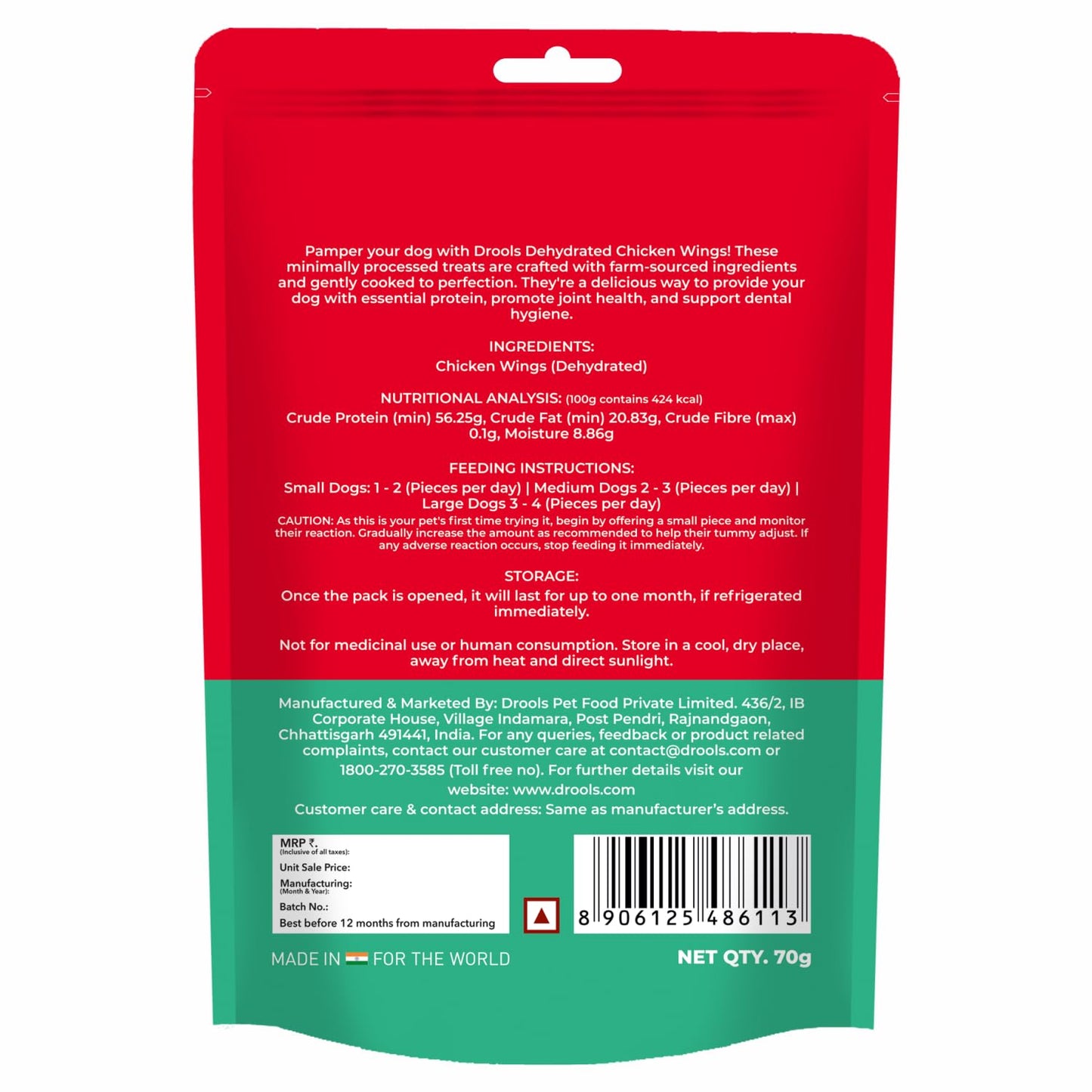Drools Puppy & Adult Dog Treat Real Chicken Flavour, Dehydrated Chews Wings, 70Gms Pack