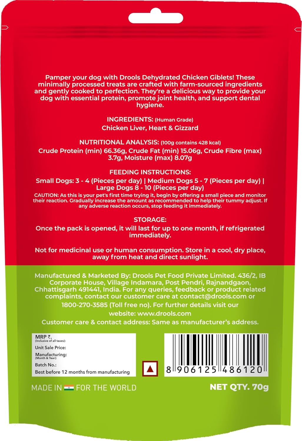 Drools Puppy & Adult Dog Treat Real Chicken Flavour, Dehydrated Chews Giblets, 70Gms Pack