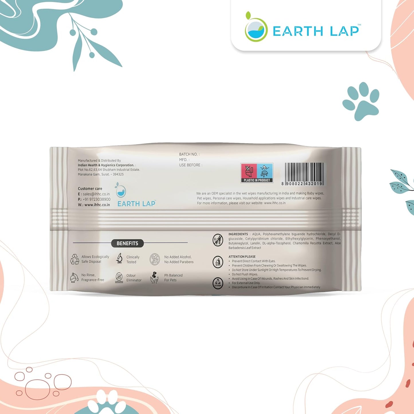 Earth Lap Premium Pet Wipes 100% Bio-degradable Premium Wipes - 1 Pack of 100 Wipes