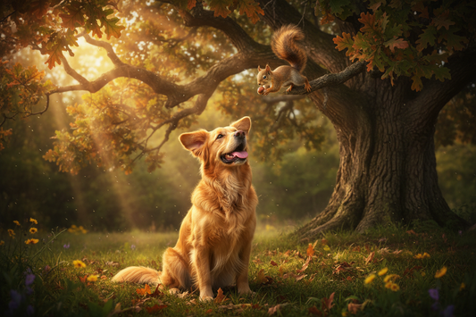 Golden Retriever named Muffin watching a squirrel gather acorns in a tree, symbolizing curiosity, preparation, and finding joy in small moments.