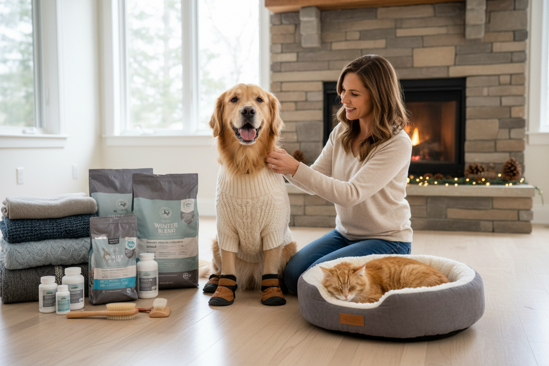 Golden Retriever and Persian cat staying warm indoors with cozy bedding and winter pet care essentials during cold weather.