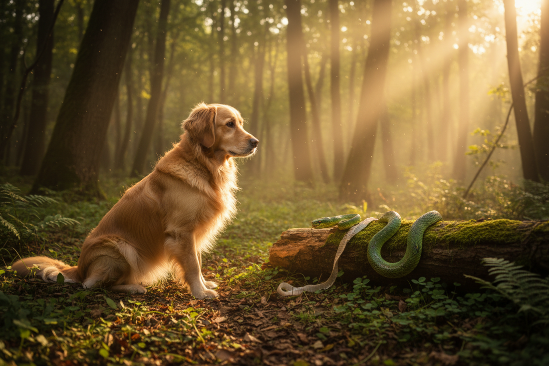 Golden Retriever named Muffin observing a snake shedding its skin, symbolizing growth, transformation, and new beginnings.