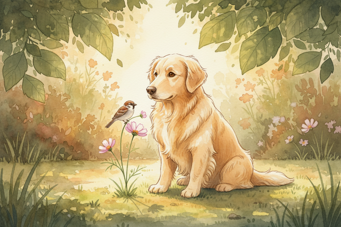 Muffin the Golden Retriever holding a sparrow while sharing a lesson about happiness and gratitude from nature.