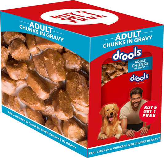 Drools Adult Real Chicken and Chicken Liver Chunks in Gravy 0.9Kg, Pack of 6 (5+1 Free)
