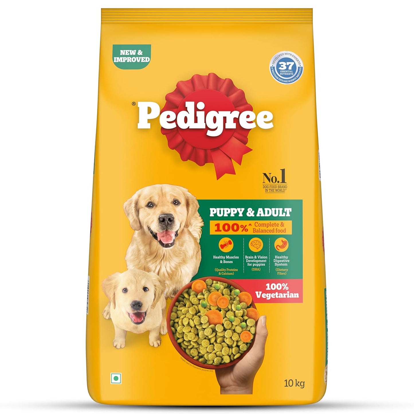 Pedigree Adult & Puppy Dry Dog Food, 100% Veg, 10 KG Pack, Contains 37 Essential Nutrients