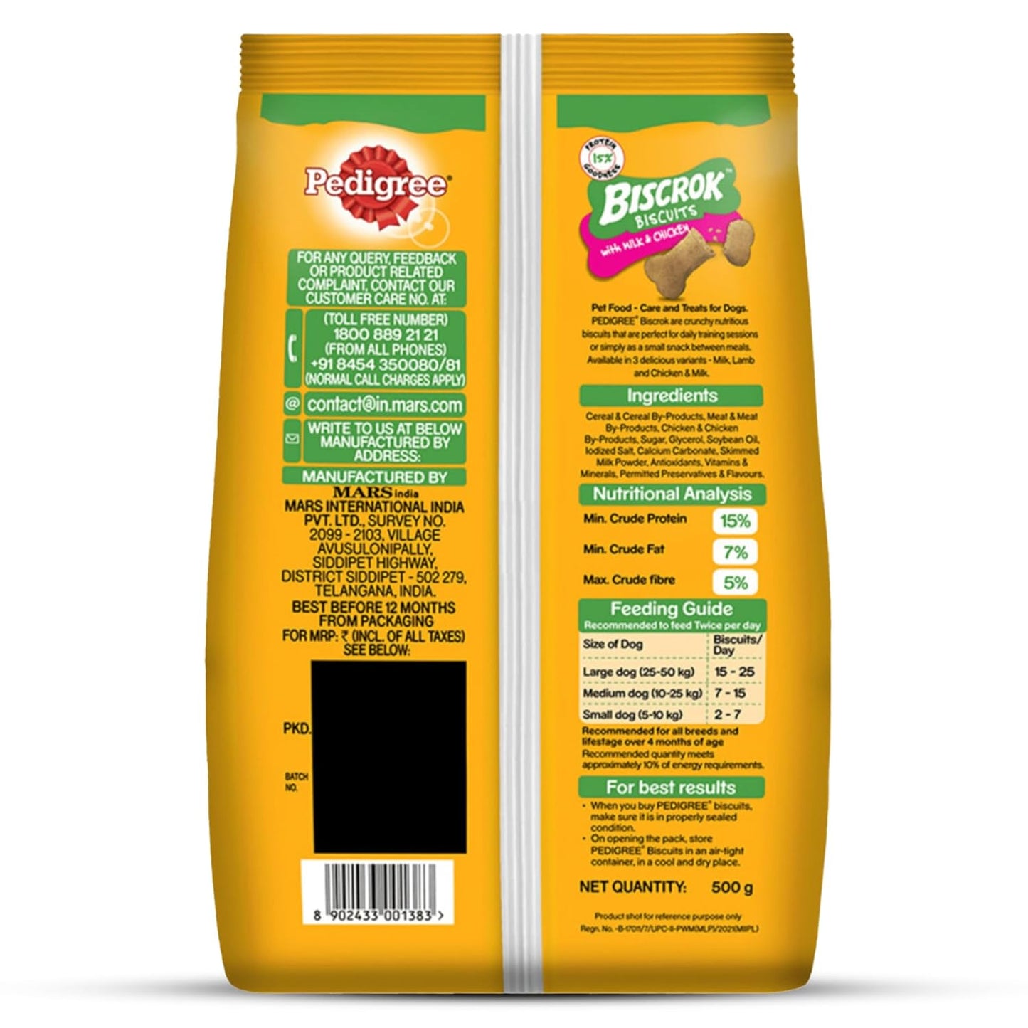 Pedigree Biscrok Biscuits - Dog Treats, Chicken with Milk Flavour, 500 GMs