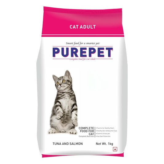 Purepet Adult Dry Cat Food, 1 KG Pack, Tuna and Salmon Flavour, Hair Ball Protection