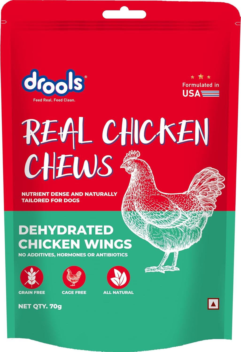 Drools Puppy & Adult Dog Treat Real Chicken Flavour, Dehydrated Chews Wings, 70Gms Pack
