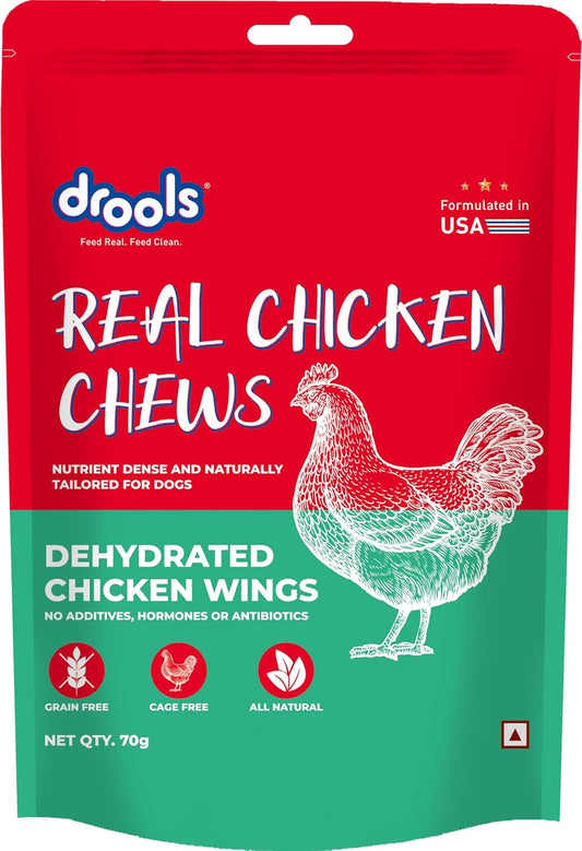 Drools Puppy & Adult Dog Treat Real Chicken Flavour, Dehydrated Chews Wings, 70Gms Pack