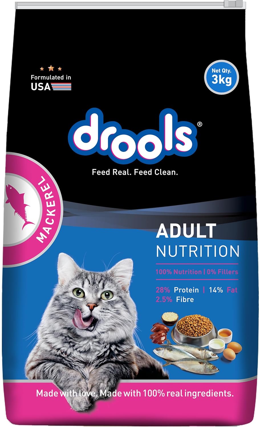 Drools Dry Cat Adult Food 3 KG, Mackerel Flavour, Skin and Coat Health