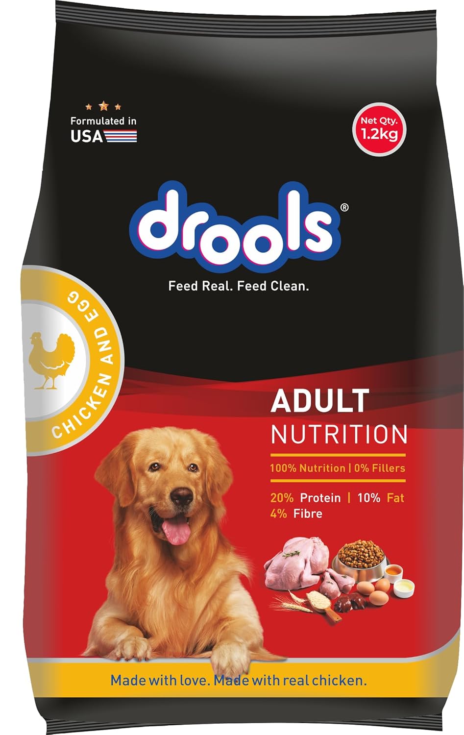 Drools Dry Adult Dog Food, 1.2KG Pack, Chicken and Egg Flavour, Omega 3 & 6