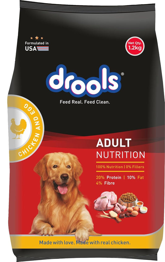 Drools Dry Adult Dog Food, 1.2KG Pack, Chicken and Egg Flavour, Omega 3 & 6