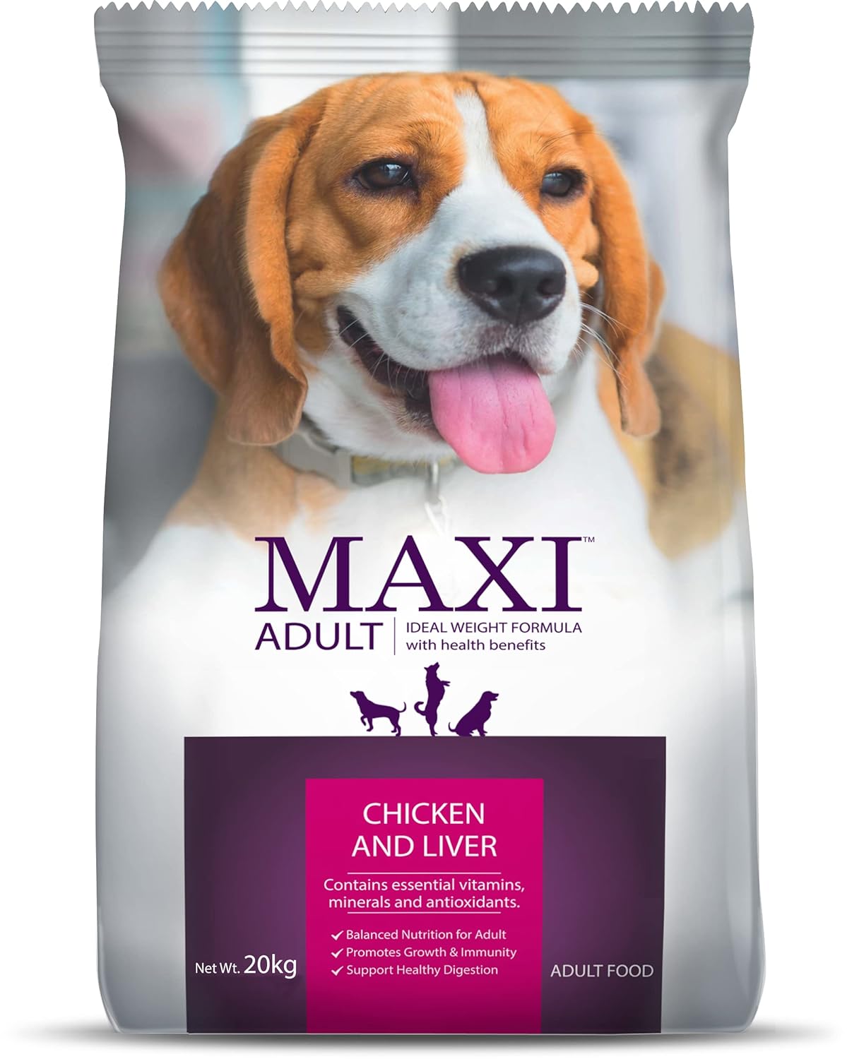 Maxi Adult Dry Dog Food, 20 kg Pack, Chicken and Liver Flavour, Promotes Growth