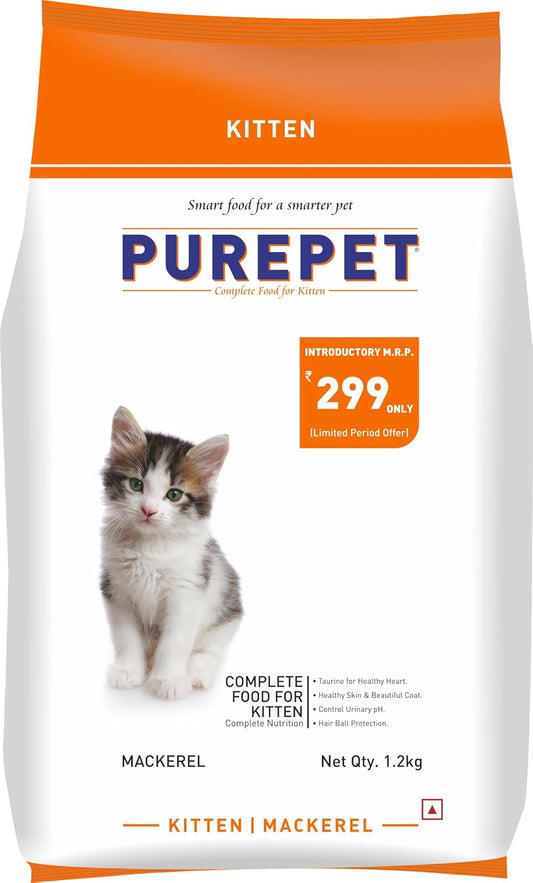 Purepet Kitten (1-12 Months) Mackerel Flavour Dry Cat Food, 1.2 KG Pack