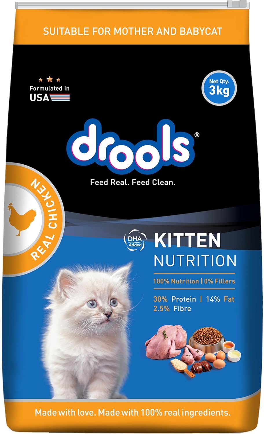 Drools Kitten (1-12 Months), Real Chicken Flavour Dry Cat Food 3 KG Pack