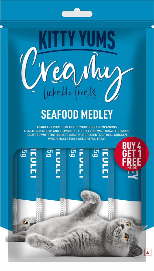 Kitty Yums Creamy Lickable Cat Treat, 75 GMs (15 GMs x 5 Sticks) Pack, Seafood Medley