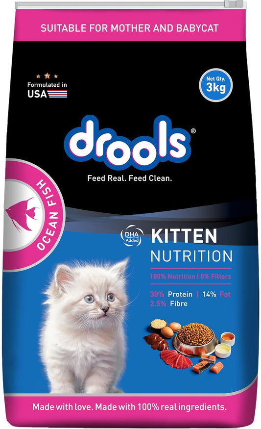 Drools Dry Cat Kitten Food 3 KG, Ocean Fish Flavour, Skin and Coat Health