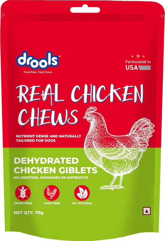 Drools Puppy & Adult Dog Treat Real Chicken Flavour, Dehydrated Chews Giblets, 70Gms Pack