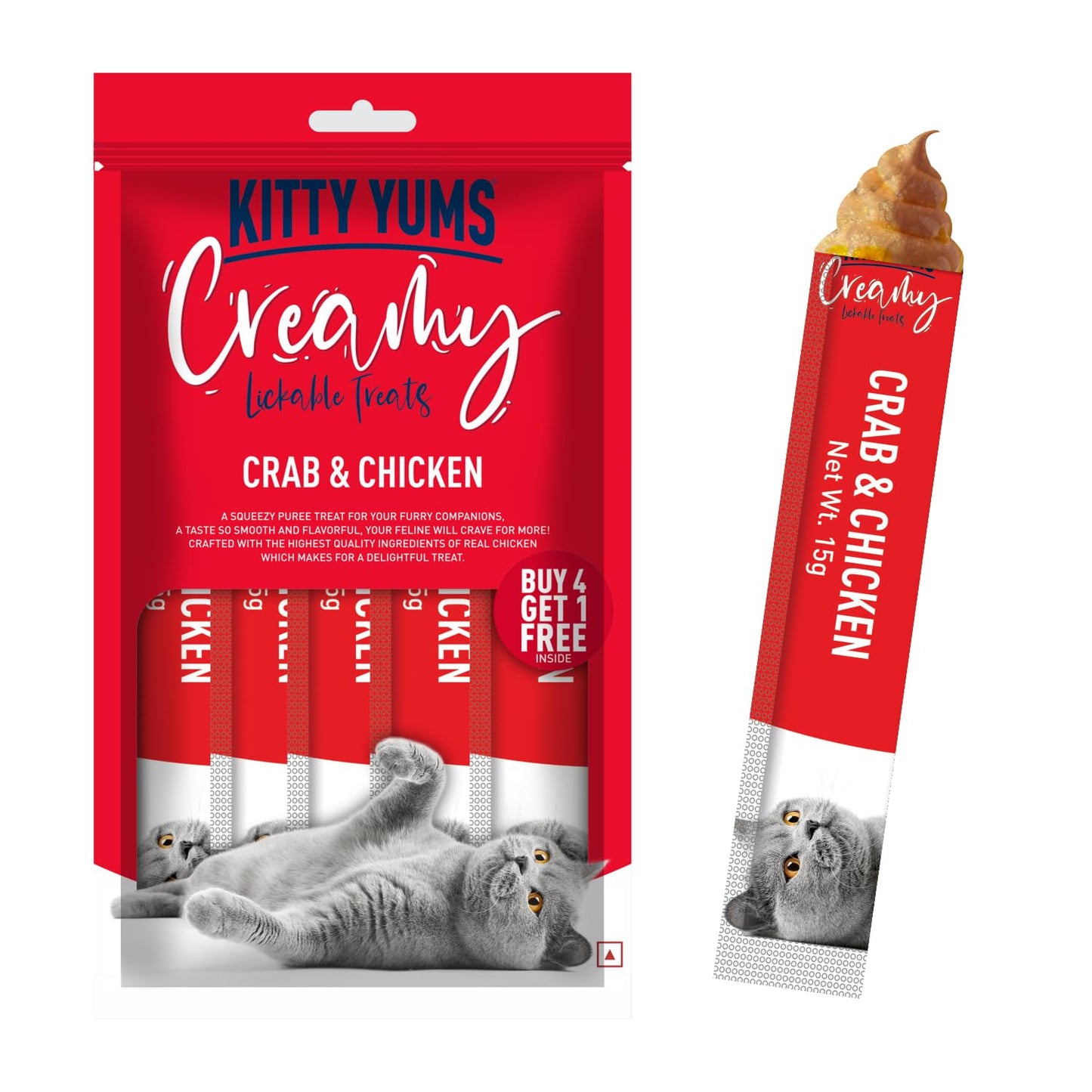 Kitty Yums Creamy Lickable Cat Treat, 75 GMs (15 GMs x 5 Sticks) Pack, Crab and Chicken
