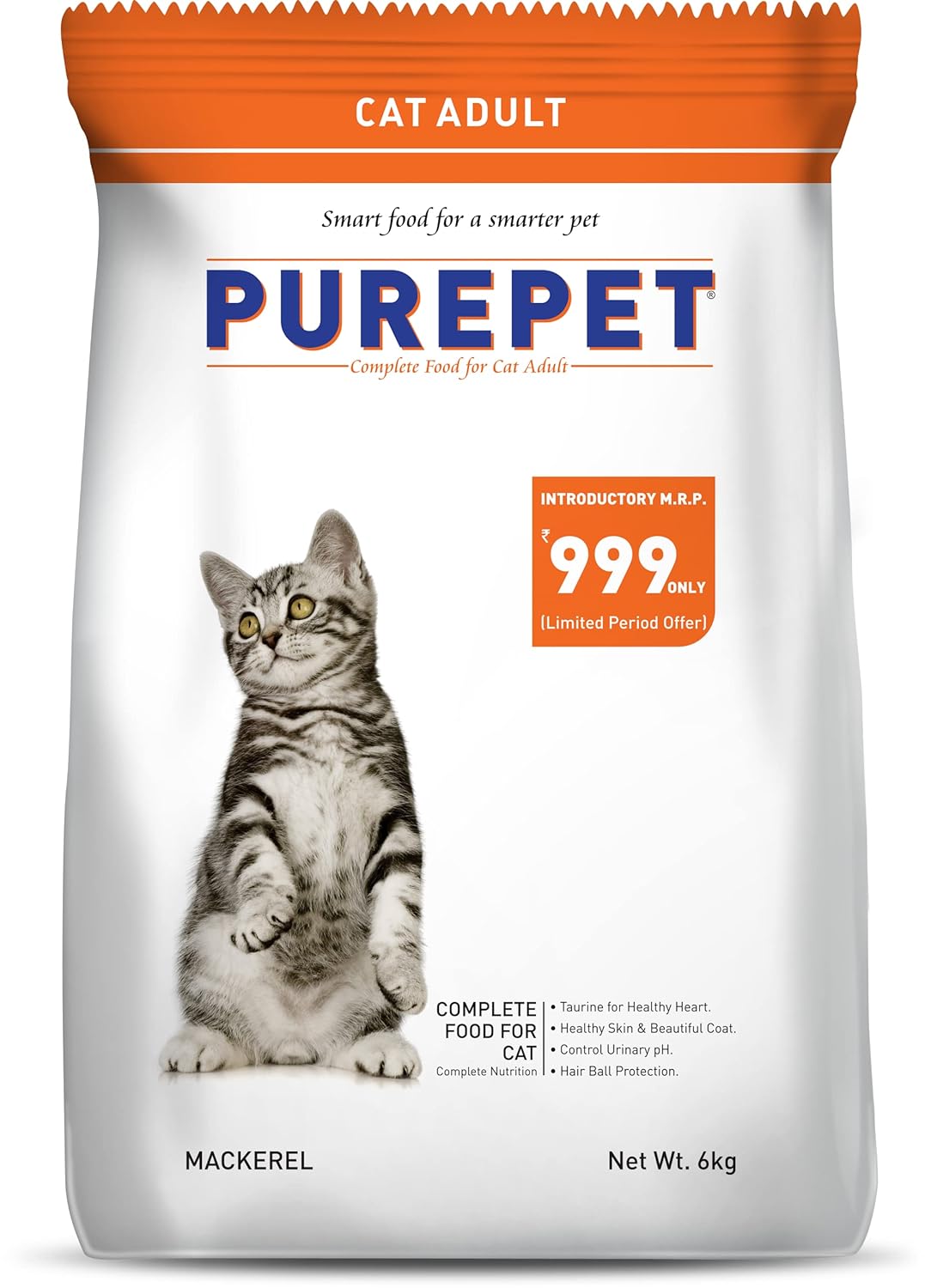 Purepet Adult Dry Cat Food, 6 KG Pack, Mackerel Flavour, Hair Ball Protection