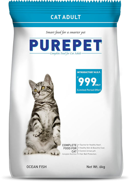 Purepet Adult Dry Cat Food, 6 KG Pack, Ocean Fish Flavour, Hair Ball Protection