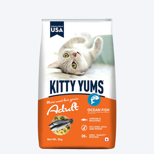 Kitty YUMS Adult (+1 Year) Dry Cat Food, 3 KG Pack, Ocean Fish Flavour