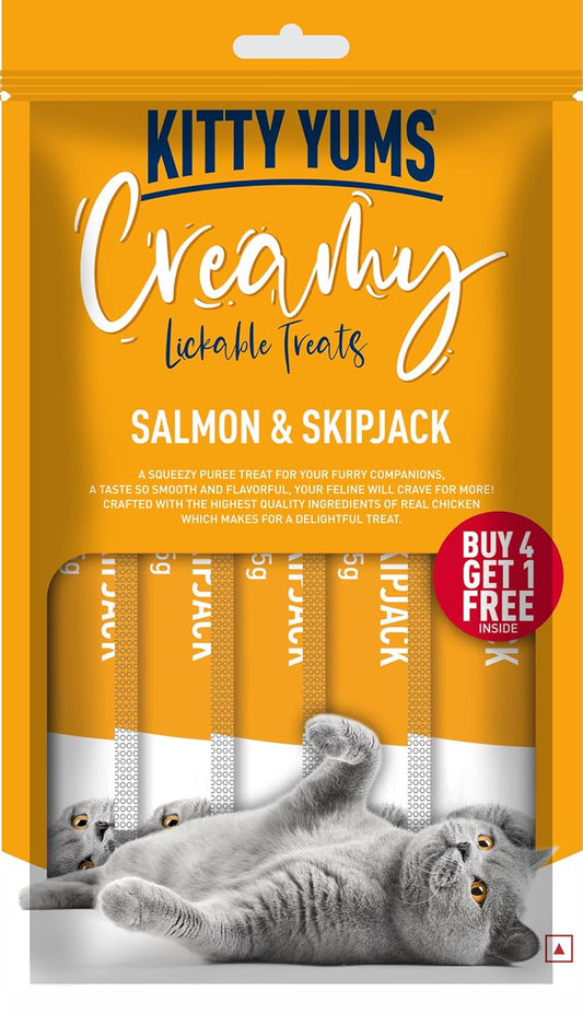 Kitty Yums Creamy Lickable Cat Treat, 75 GMs (15 GMs x 5 Sticks) Pack, Salmon and Skipjack