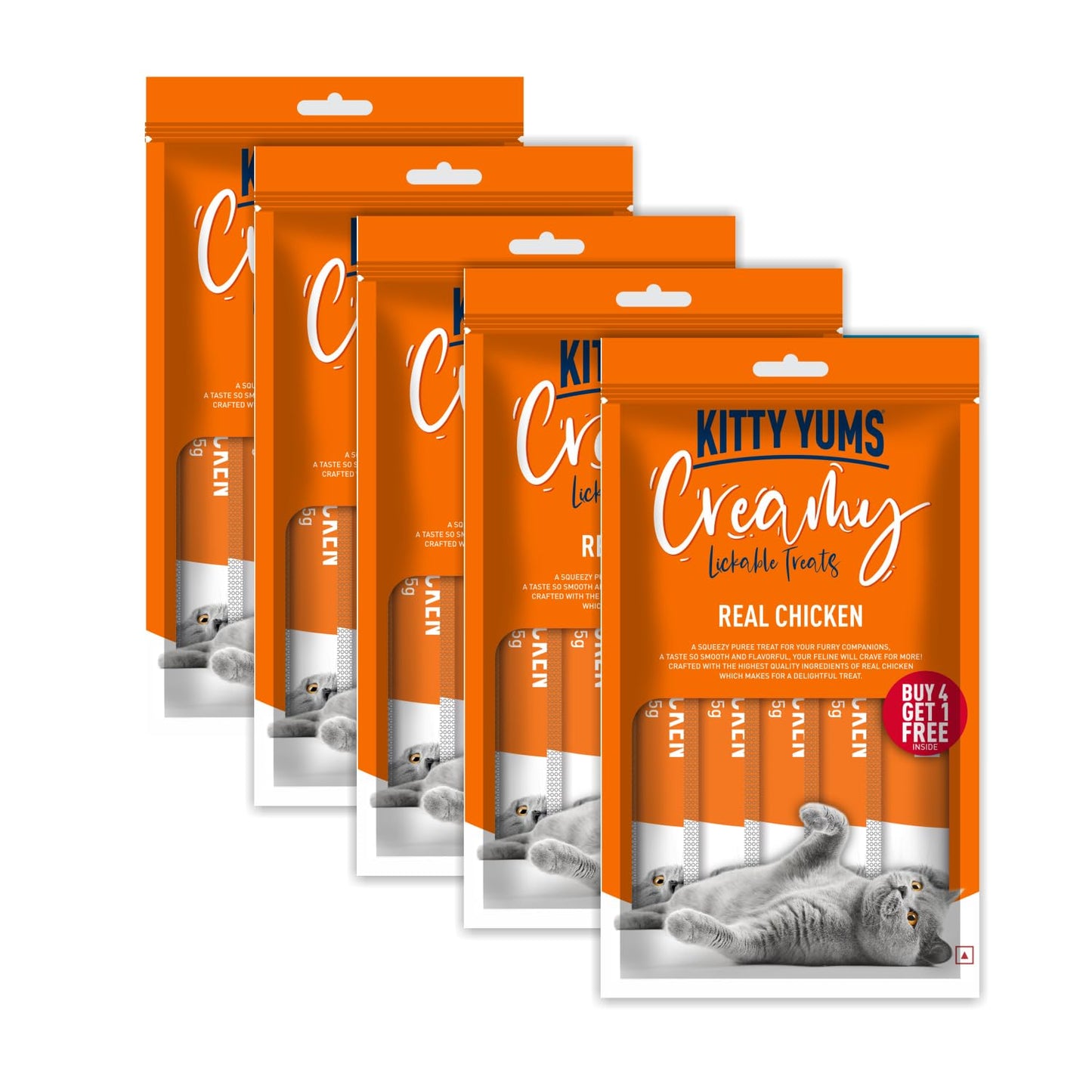 Kitty Yums Creamy Lickable Cat Treat, 75 GMs (15 GMs x 5 Sticks) Pack, Real Chicken