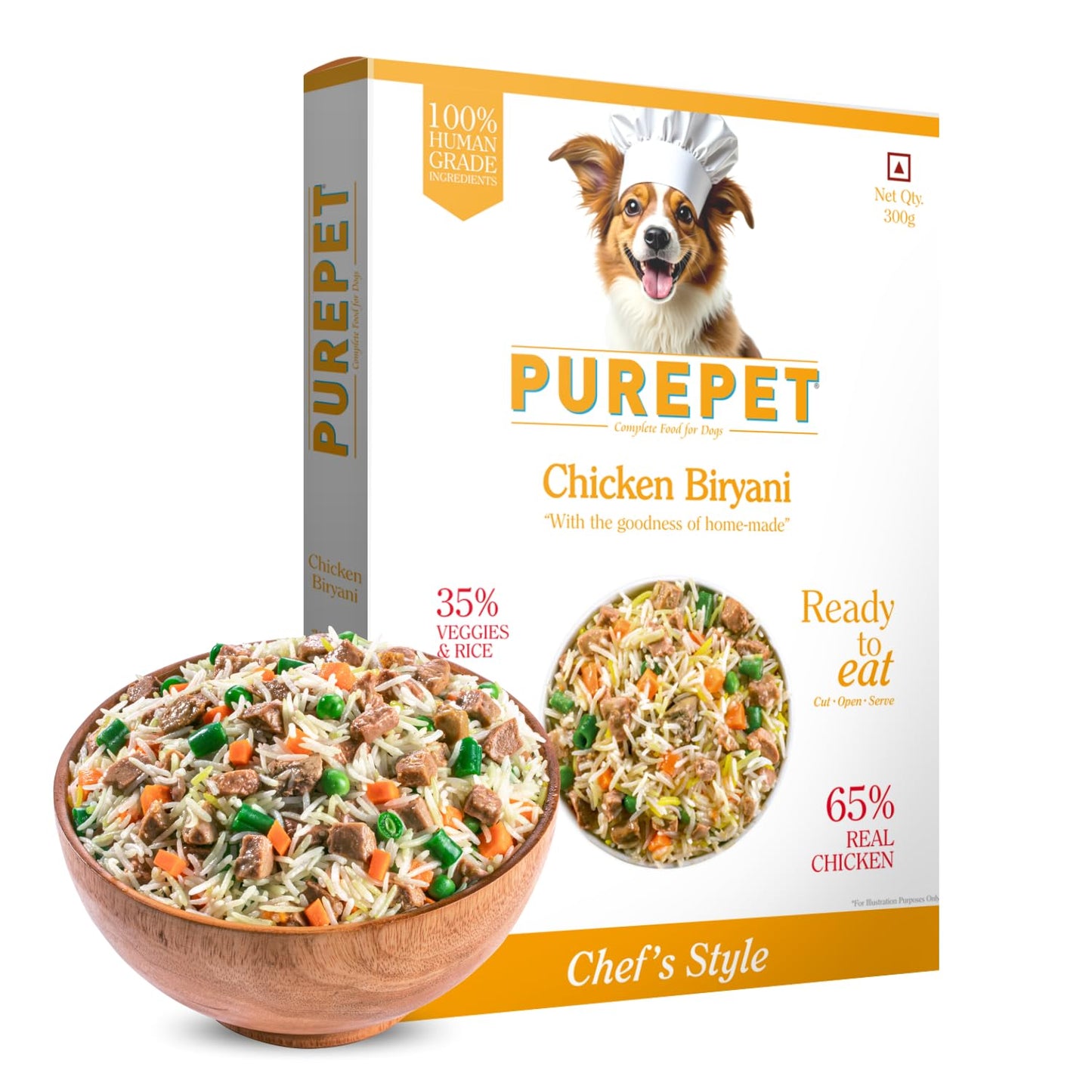 Purepet Fresh Dog Food 300 GMs, Chicken Biryani for Adults & Puppies, High Protein, 65% Real Chicken, 35% Veggies & Rice, No Preservatives, Ready to Serve, All Breeds, Single Meal Pack