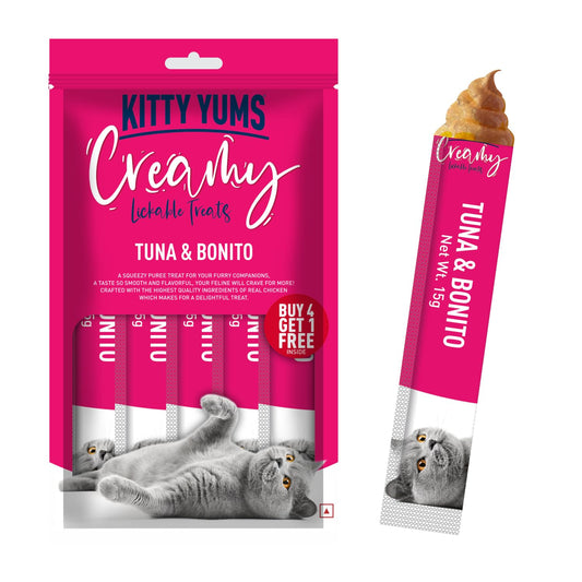 Kitty Yums Creamy Lickable Cat Treat, 75 GMs (15 GMs x 5 Sticks) Pack, Tuna & Bonito