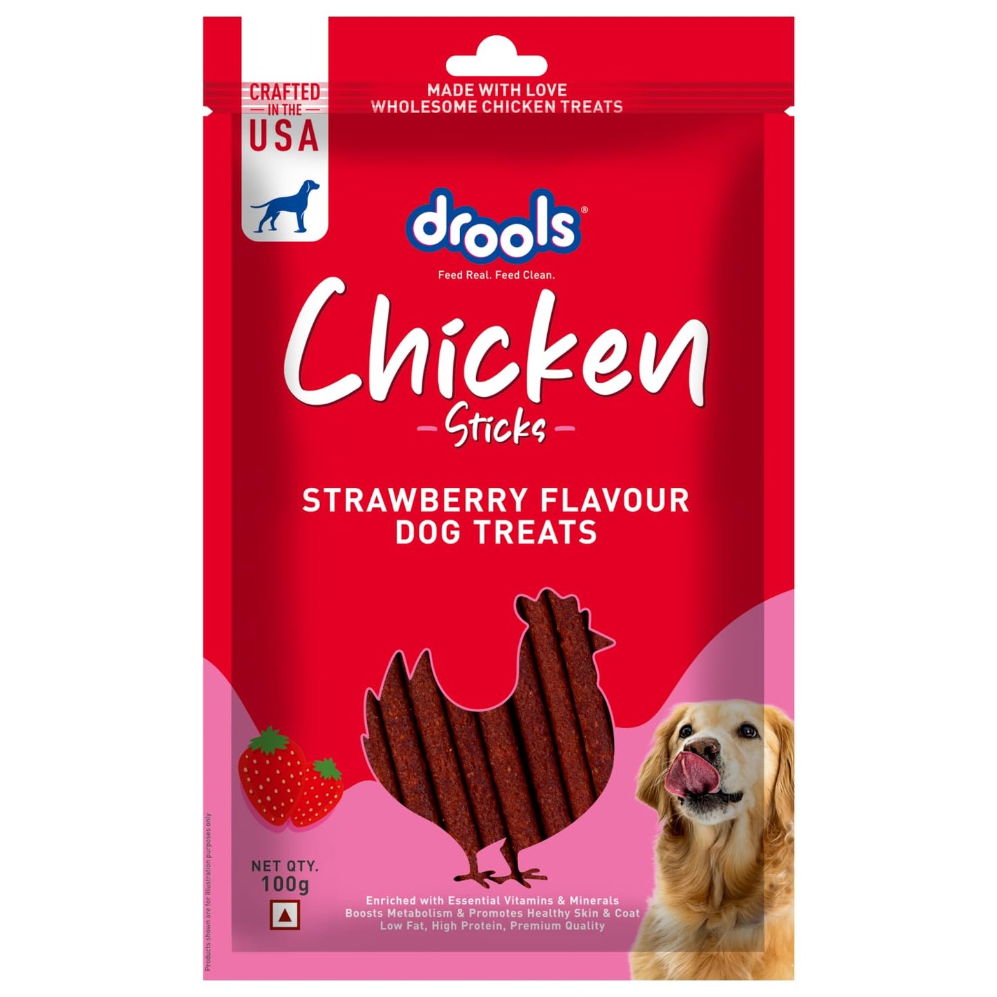 Drools Puppy & Adult Dog Treats, Strawberry Flavour Sticks, 100 GMs Pack,  Rich in Protein
