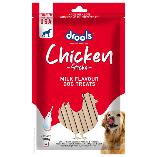 Drools Puppy & Adult Dog Treats, Chicken & Milk Flavour Sticks, 100 GMs Pack,  Rich in Protein
