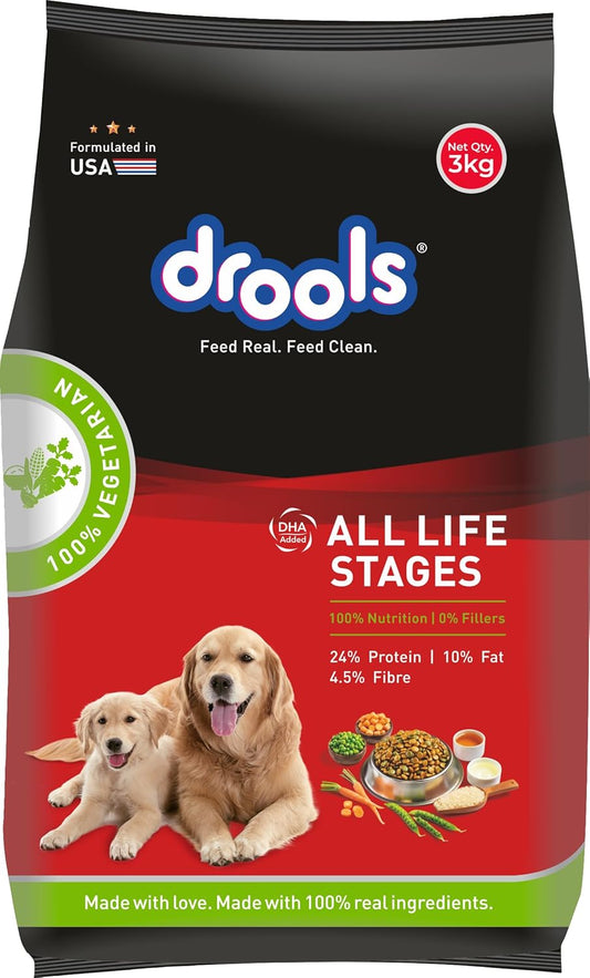 Drools Dry Dog Food All Life stages, 3 KG Pack, 100% Vegetable Flavour