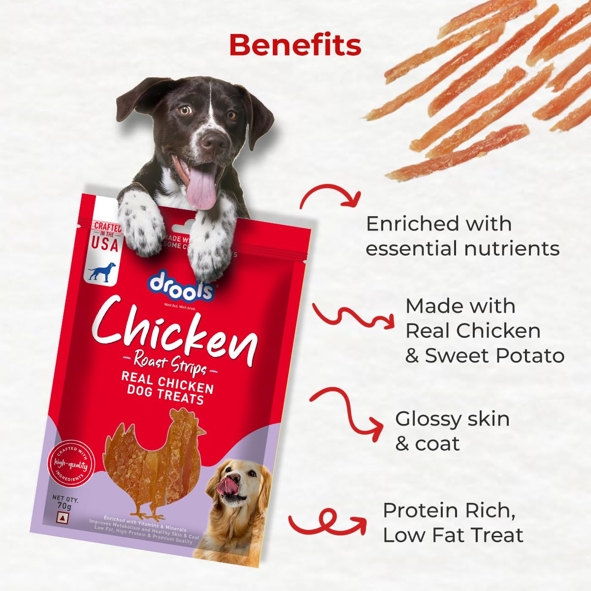 Drools Puppy & Adult Roast Strips, Real Chicken Flavour Dog Treats, 70 Gms Pack