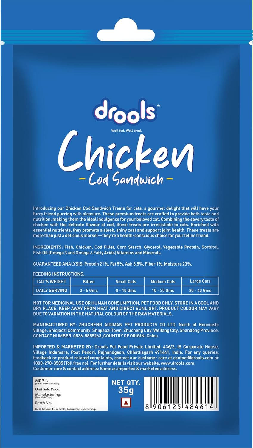 Drools Cod Fish Sandwich Cat Treats Stick, 35 Gms, Made with Real Chicken & Cod