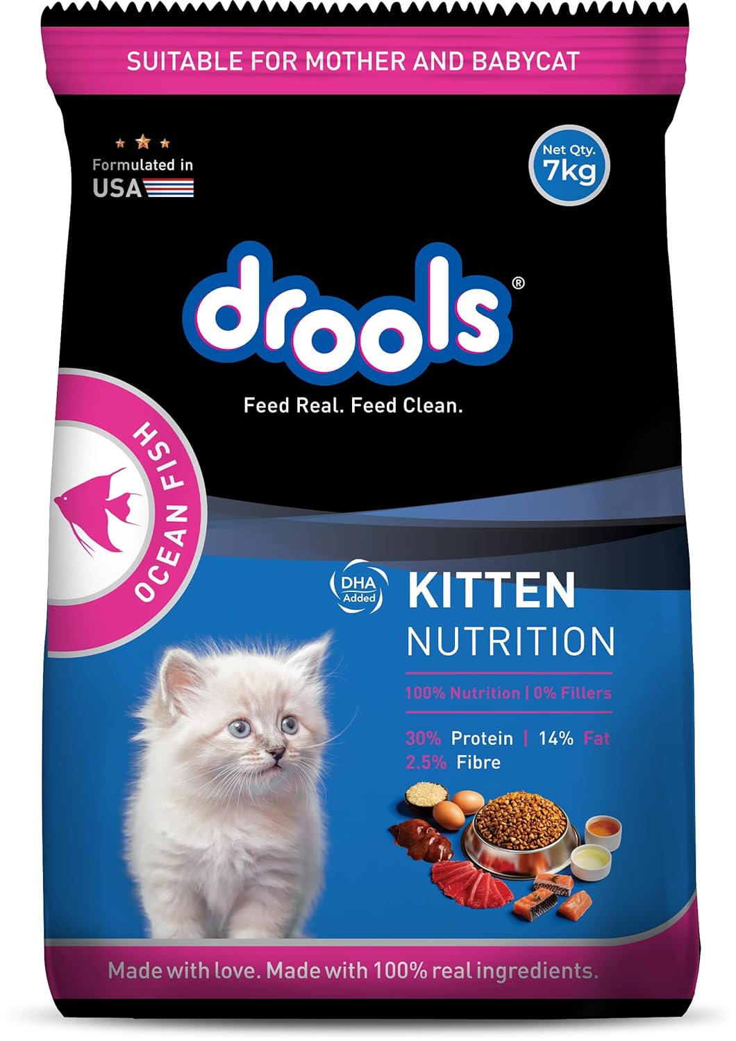 Drools Kitten Ocean Fish Flavour, Dry Cat Food, 7 KG Pack, Healthy Heart & Eye Sight