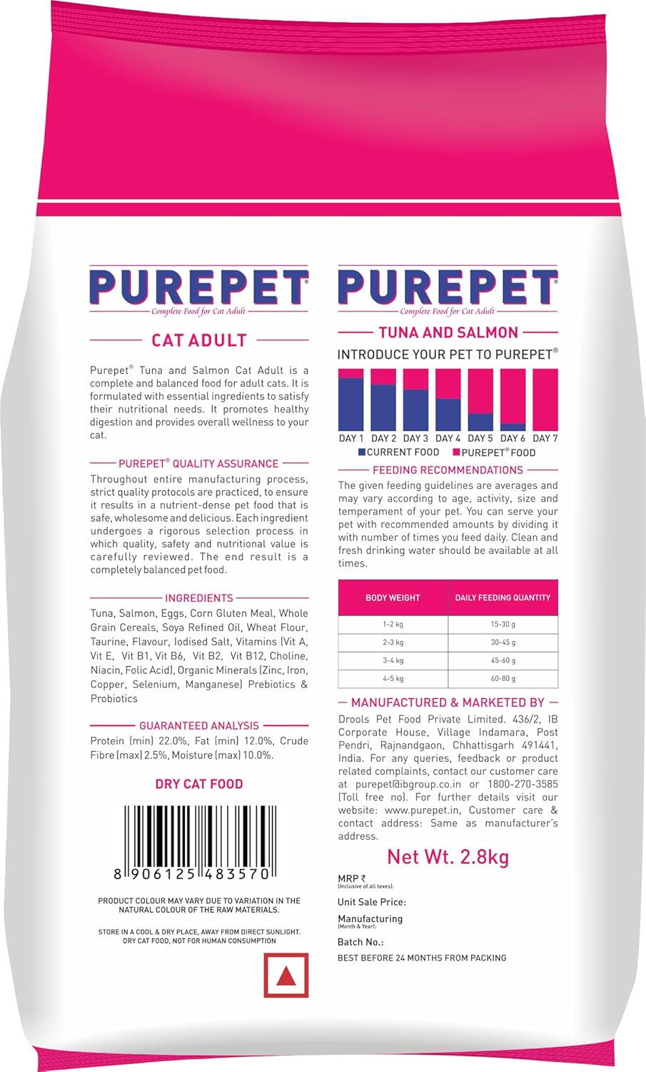 Purepet Adult Dry Cat Food, 2.8 KG Pack, Tuna and Salmon Flavour, Hair Ball Protection