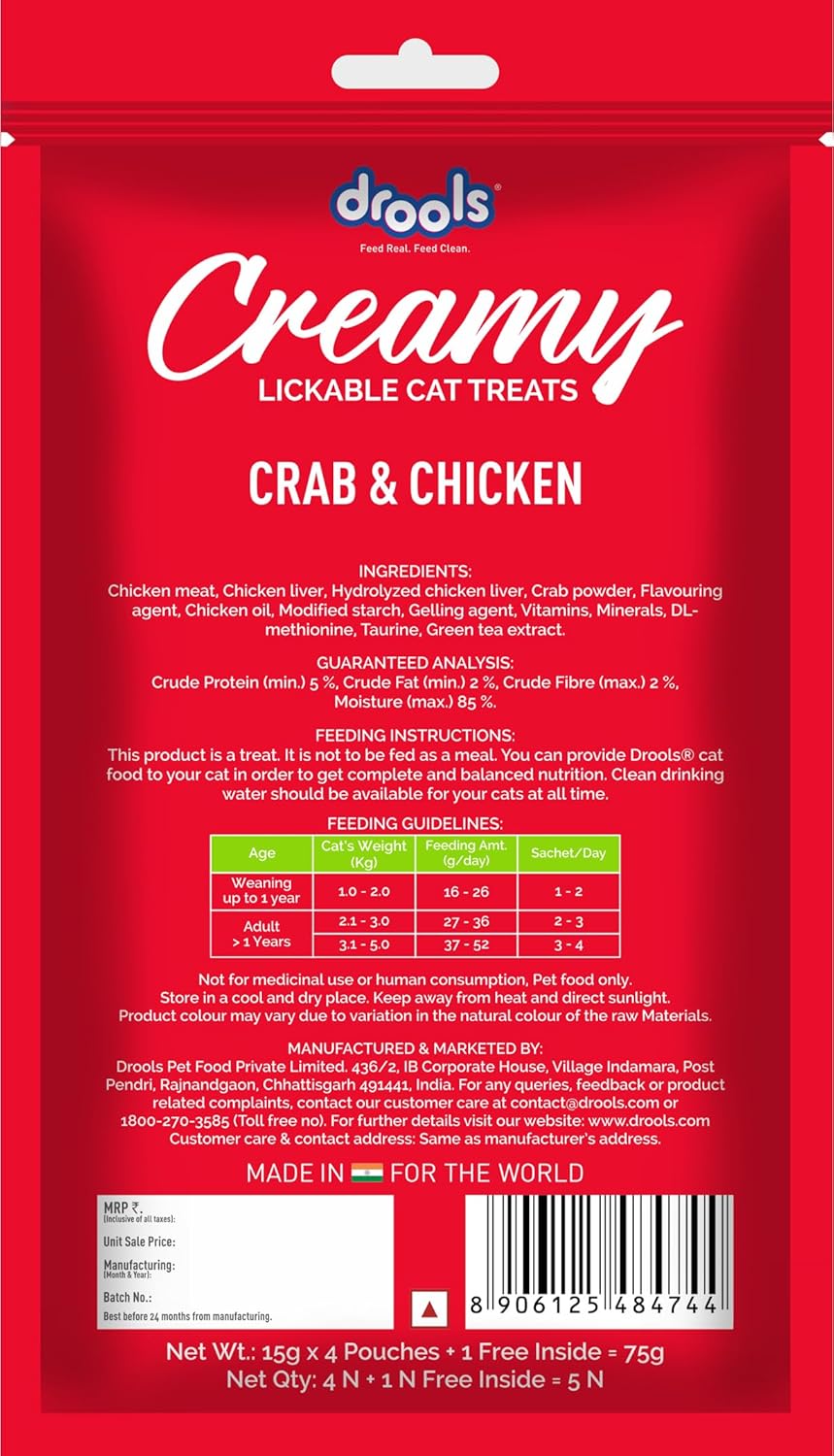 Drools All Life Stages, Creamy Lickable Crab & Chicken Flavour Cat Treat, 75 GMs