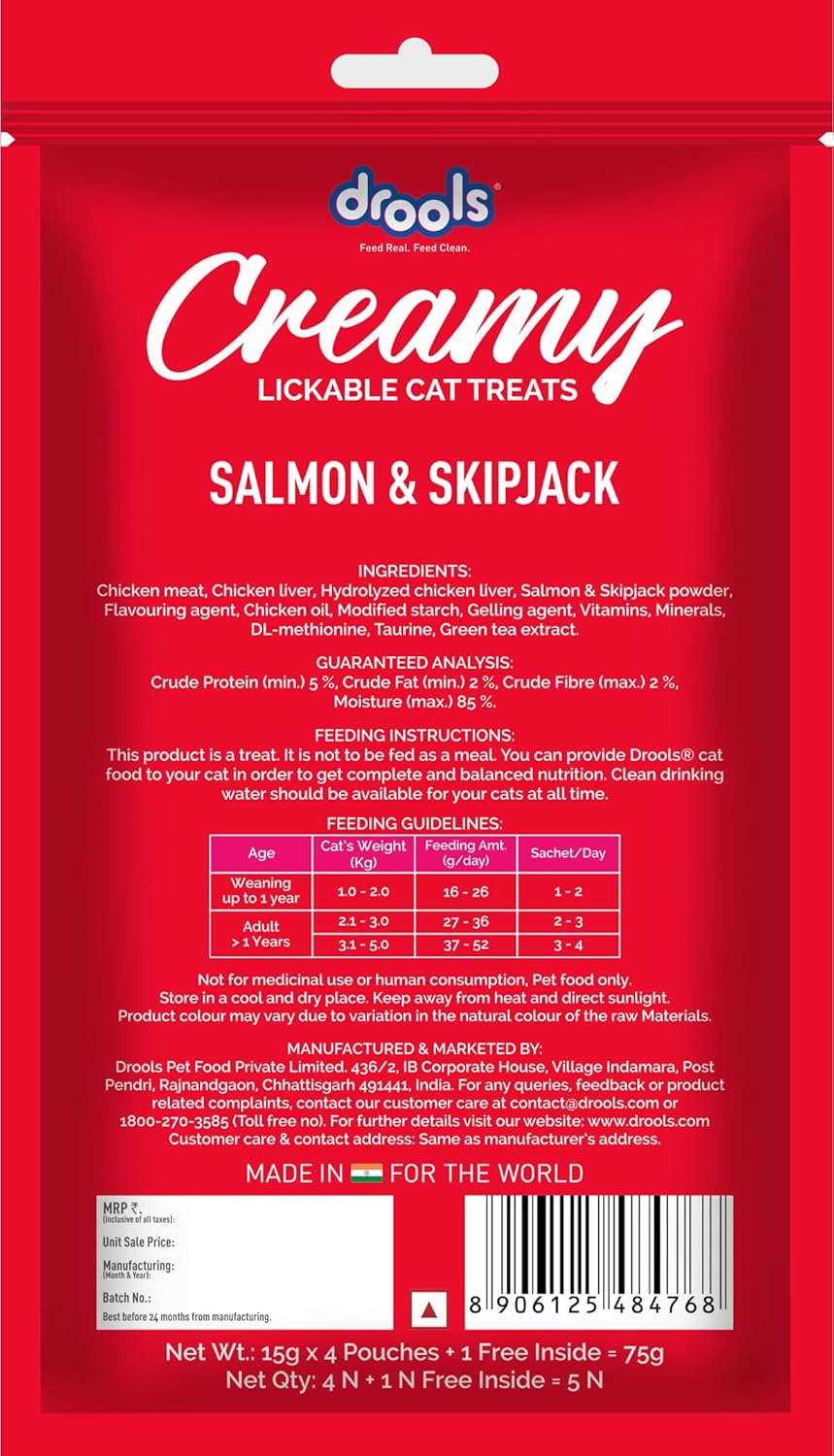 Drools All Life Stages Creamy Lickable Salmon & Skipjack Flavour Cat Treat, 75 Gms