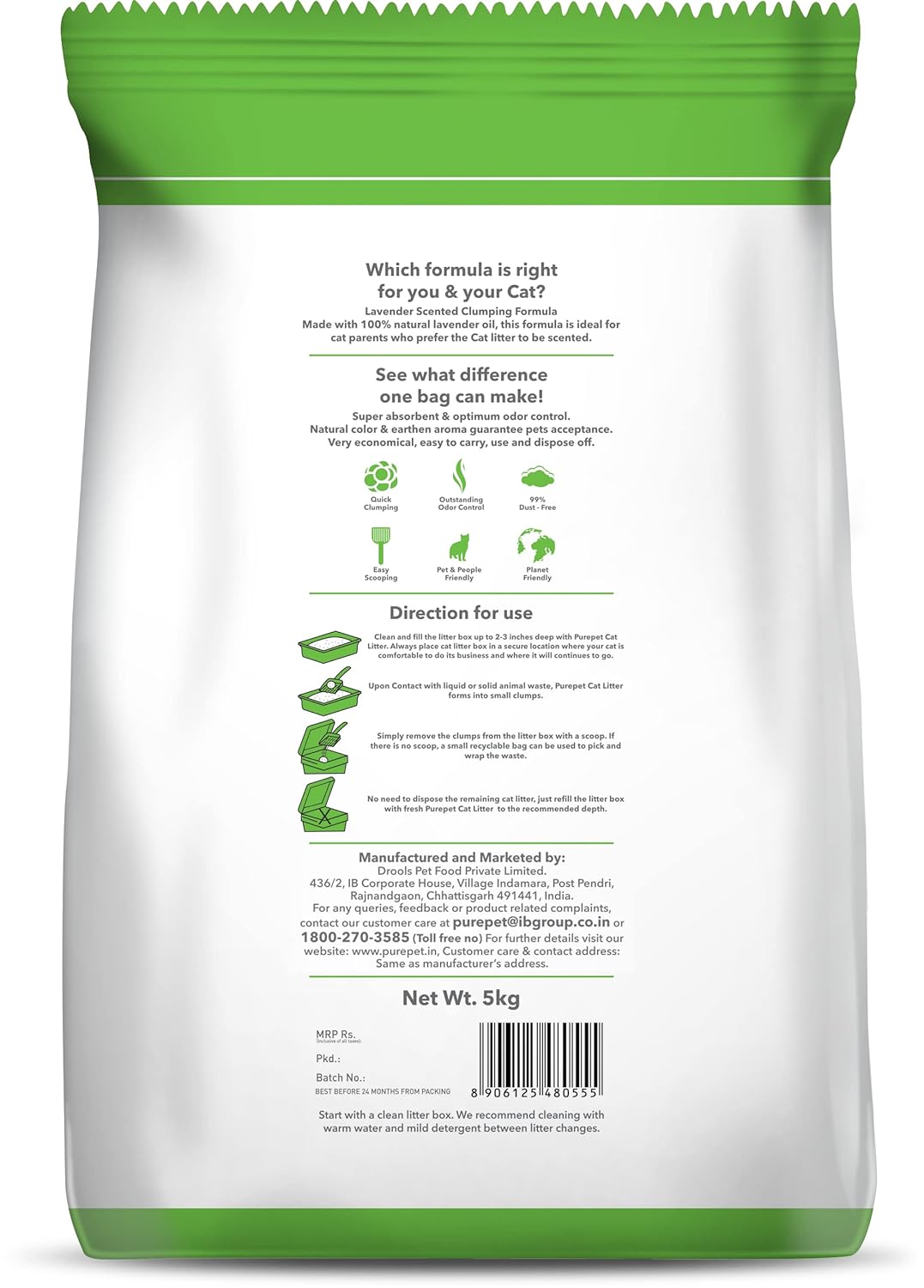 Purepet Cat Litter for All Cat Breed litter, Lavender Fragrance, 5 KG Pack