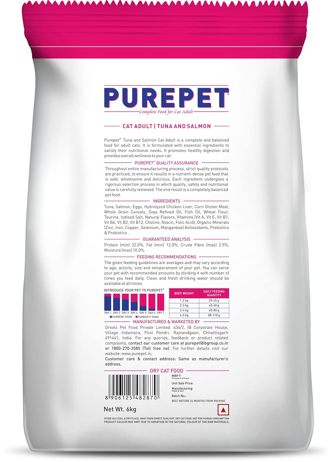 Purepet Adult Dry Cat Food, 6 KG Pack, Tuna Salmon Flavour, Hair Ball Protection