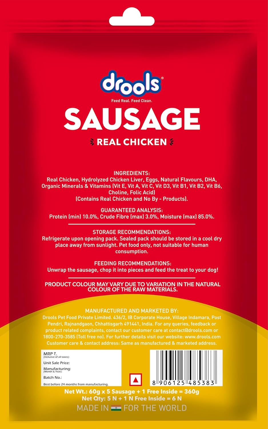 Drools Puppy & Adult Dog Chicken Flavour Sausage, 5+1 Free, 360Gms Pack