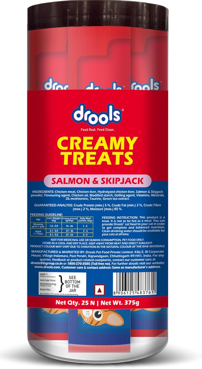 Drools All Life Stages Creamy Lickable Salmon & Skipjack Flavour Cat Treats, 25 Pieces (375Gms)