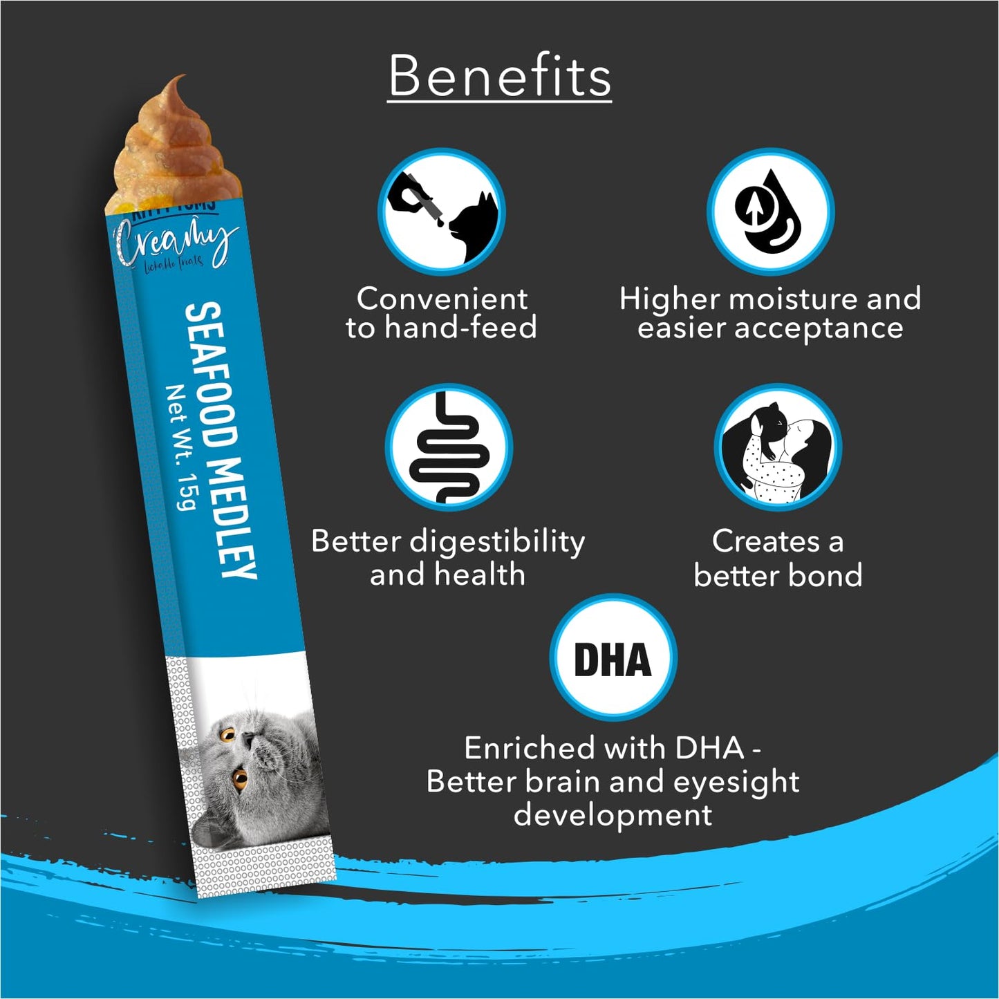 Kitty Yums Creamy Lickable Cat Treat, 75 GMs (15 GMs x 5 Sticks) Pack, Seafood Medley