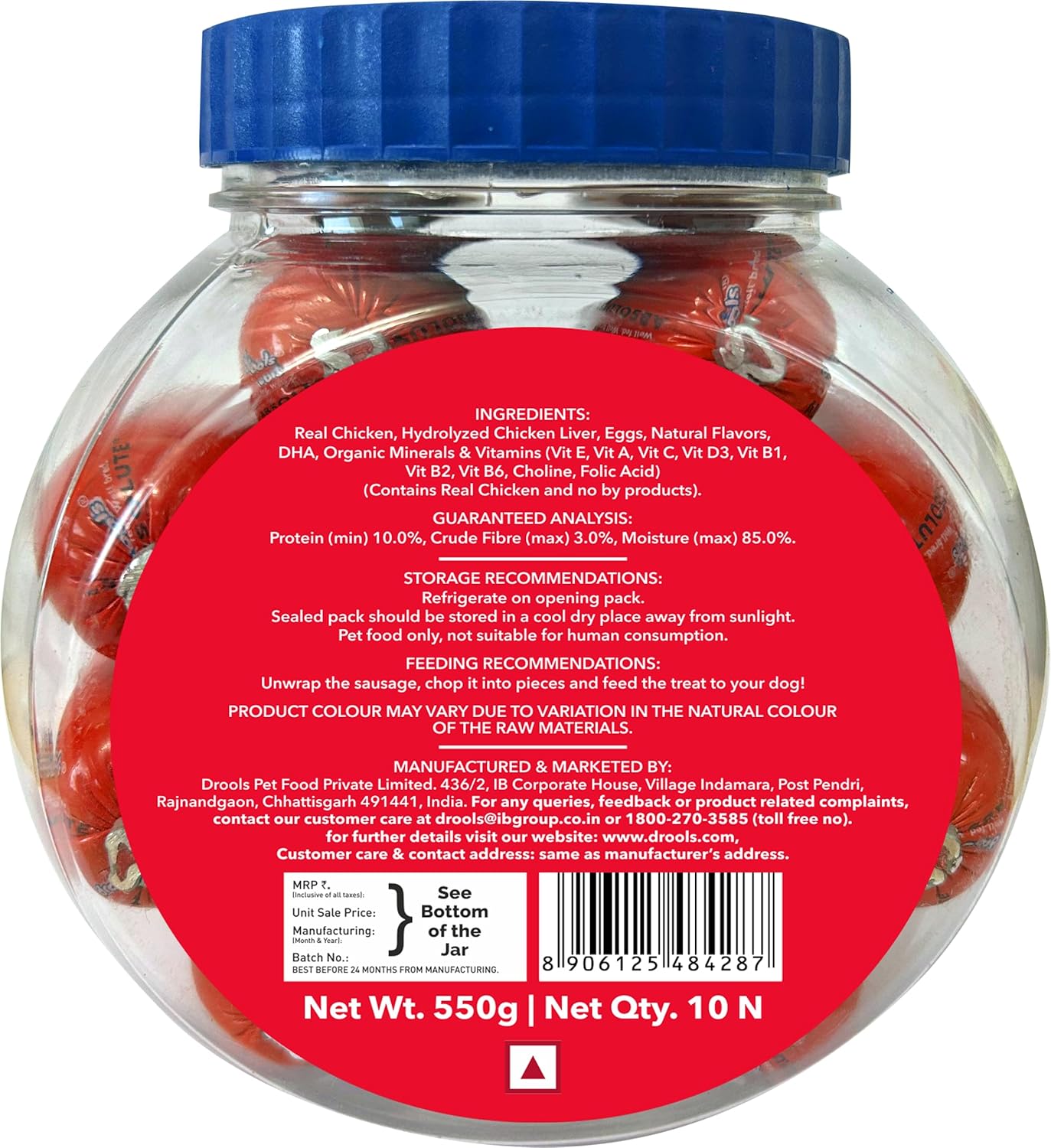 Drools All Life Stages Dog Treats Sausage 10 Pieces Jar (550g) | Real Chicken