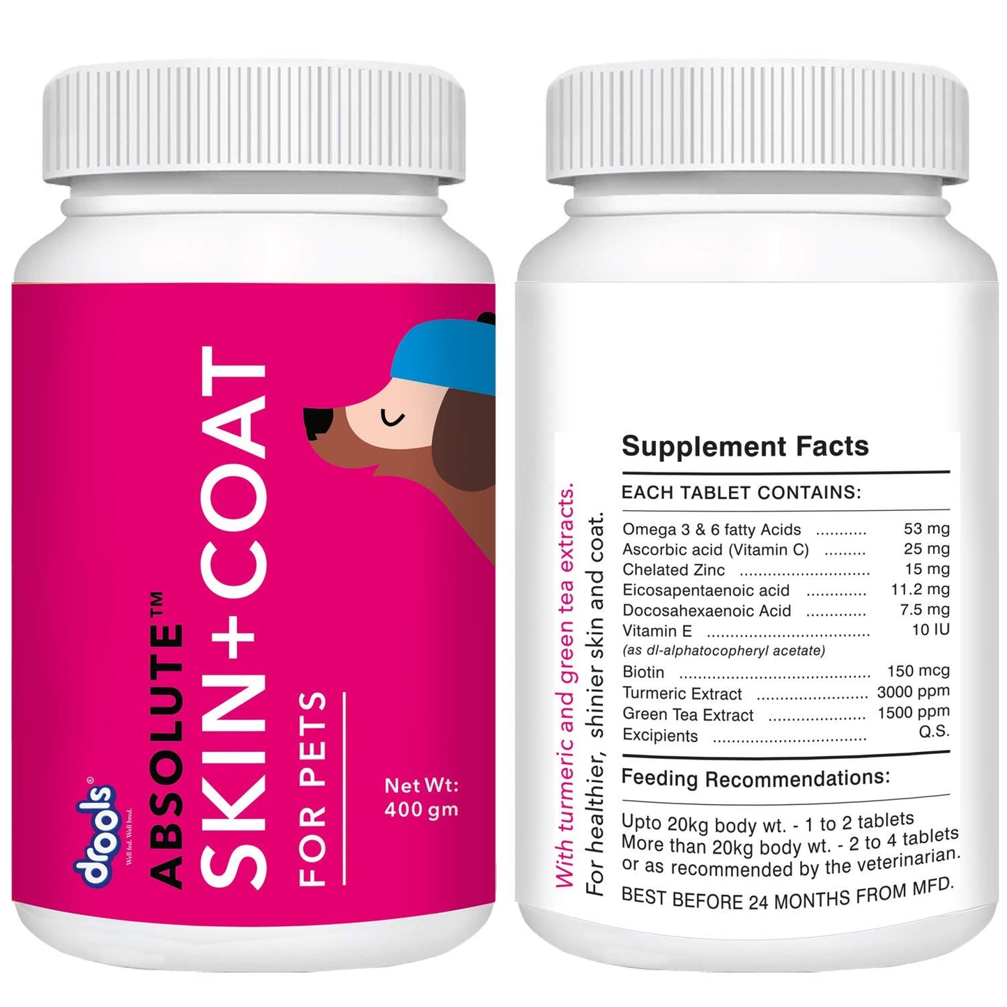 Drools Absolute Dog Supplement Tablet, Skin+ Coat 400G, 110 Pieces | Turmeric Flavour